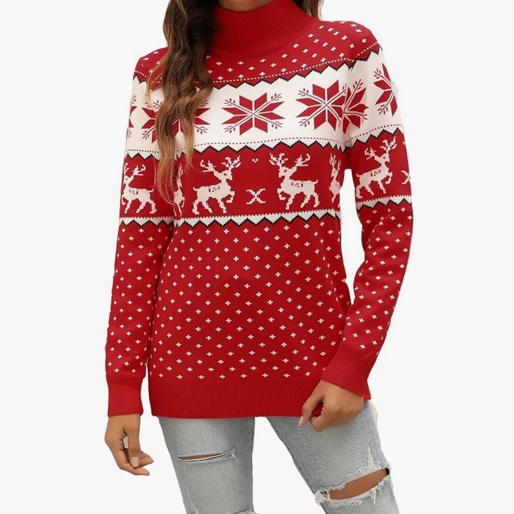 LYHNMW Women’s Holiday/Christmas Sweater Snowflake Reindeer Long Sleeve Size Med